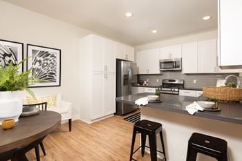 Quartz countertops in open kitchen